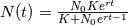 N(t) = \frac{N_0 K e^{rt}}{K + N_0 e^{rt-1}}