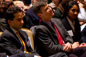Josh Zivin, Jeffrey Sachs, and Anubha Agarwal sit