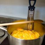 To ensure that things like the marmalade are consistent, everything is weighed and measured. Here is the marmalade mix on its way to 220 degrees (Farenheit)