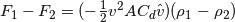  F_1 - F_2 = (- \frac{1}{2} v^2 A C_d \hat{v})(\rho_1 - \rho_2) 