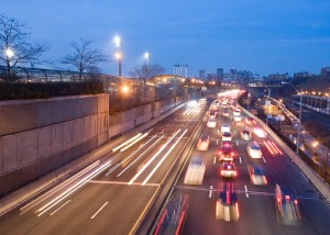 As the sun goes down over the west side highway, the traffic starts to queue