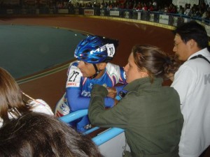 Luca chats with his wife trackside at the 2004 World Championships in Italy